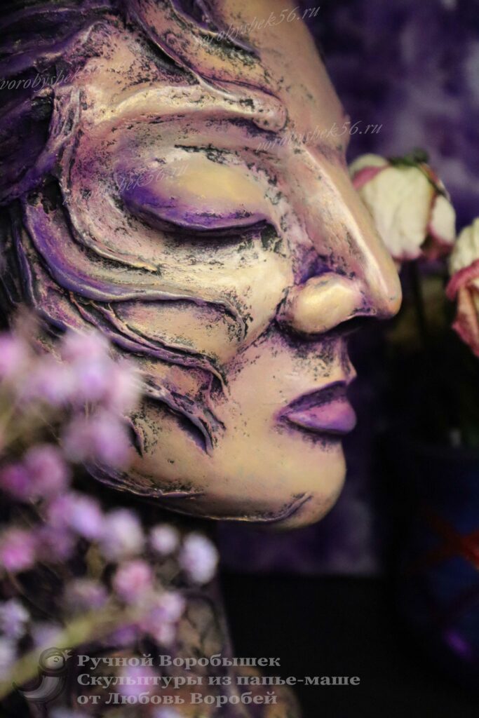 скульптура девушка Светлана грустная прекрасная ручная работа подарок оригинальный подставка для украшений фигурка оренбург паперклей бижутерии голова девушки фиолетовый нежный образ